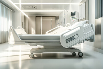 A state-of-the-art hospital bed with adjustable features, resting in an empty, sterile hospital