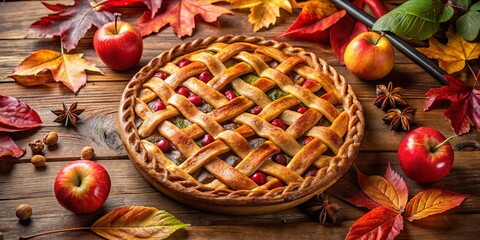 A freshly baked apple pie surrounded by autumnal leaves and spices, a warm and inviting centerpiece for a cozy fall gathering.