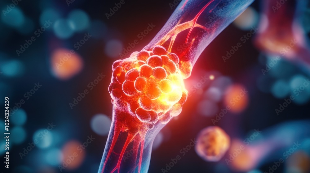Poster close-up view of a joint with cells, illustrating biological processes.