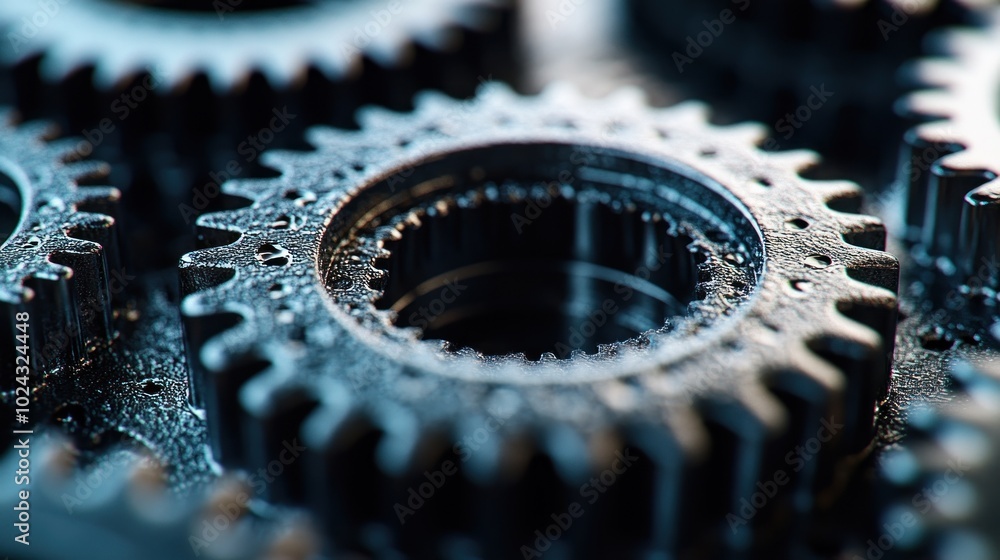 Poster close-up of a set of metal gears, interlocking and meshing, highlighting the intricate mechanics and