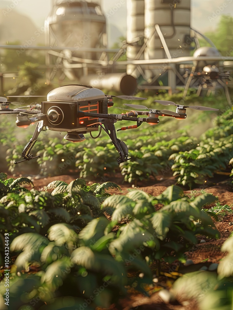 Aufkleber Drones equipped with sensors collect data while robots assist in managing crops, improving efficiency in modern farming techniques. Generative AI
