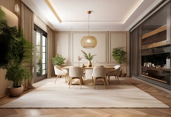 A modern dining room features a light wood table and chairs centered on a white rug, surrounded by potted plants.