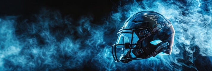 Floating football helmet in blue mist on dark background