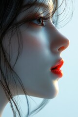 Half face of a manga woman, white background, luxurious lip mask application, subtle rosy cheeks, ethereal glow, charming and simple design.