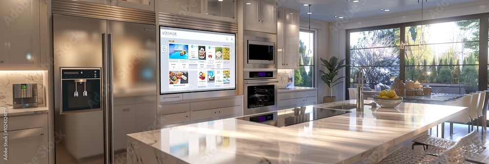 Poster this sleek kitchen showcases a smart refrigerator with a touchscreen for managing grocery lists and 