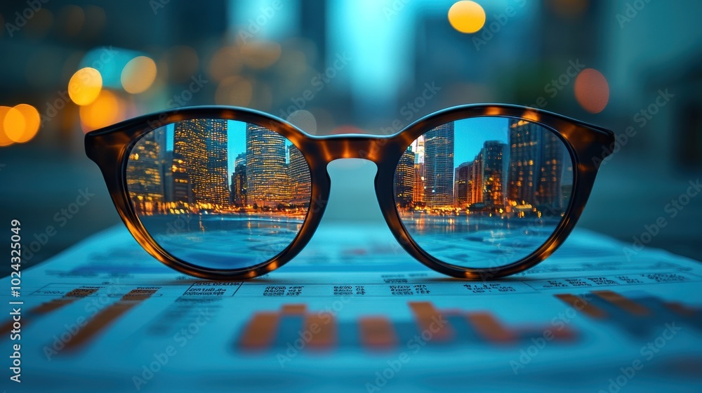 Poster a pair of tortoiseshell glasses lay on a graph with a cityscape reflected in the lenses.