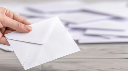 Hand holding white envelope amidst stack of letters on wooden table
