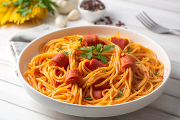 Spaghetti pasta with sausage, octopus pasta, Turkish name; sosisli spagetti