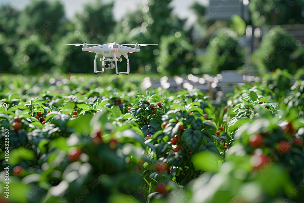 Poster Drones equipped with sensors are actively monitoring crops in a modern farm setup to enhance agricultural efficiency. Generative AI
