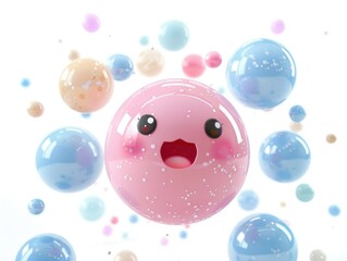 Playful, cartoon-style pink bubble character with an animated expression, surrounded by colorful bubbles
