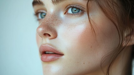 Half face of a woman, white background, luxurious lip mask application, subtle rosy cheeks, ethereal glow, charming and simple design.