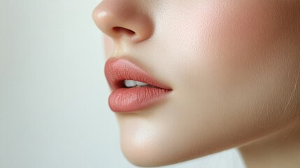 Obraz premium Half face of a woman, white background, luxurious lip mask application, subtle rosy cheeks, ethereal glow, charming and simple design.