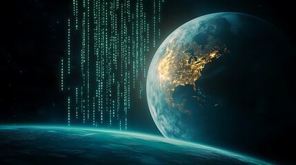Fototapeta premium Digital World Overlaid with Binary Code: The planet Earth, seen from space, is overlaid with falling streams of binary code