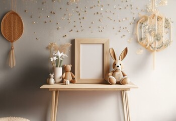 A wooden table with a framed blank canvas sits in front of a beige wall decorated with scattered gold shapes.  The table is decorated with a stuffed rabbit, a bear, a bouquet of white flowers, and a s