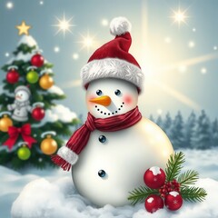 Adorable Snowman Toy Cheerfully Standing in a Magical Snowy Night Scene