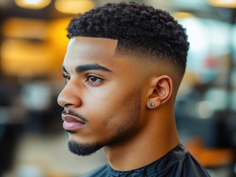 Stylish Burst Fade and Curly Top Haircut in Modern Barbershop, Warm Lighting, Industrial Decor, Close-Up of Groomed Man, Clean Lines and Sharp Fade
