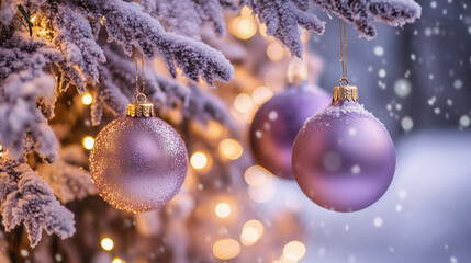 Shimmering golden string lights and metallic lavender Christmas ornaments hanging from a snow-covered tree branch