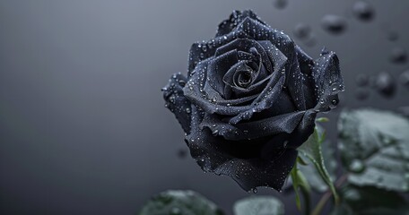 black rose in closeup with raindrops, Generative AI.