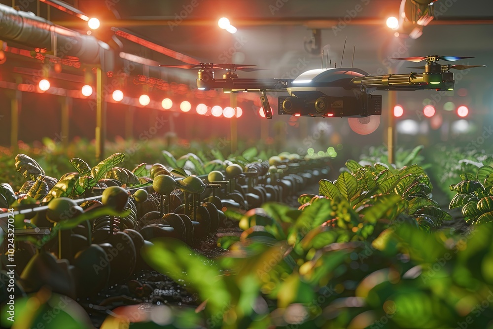 Poster Advanced agricultural facility with drones and sensors optimizing crop management and improving farming efficiency. Generative AI
