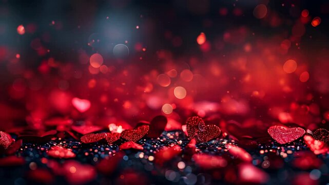 Animated festive red background for happy Valentine's Day, with red hearts and blurry sparkling particles. Concept of love, romance, celebration. Copyspace for congratulation card, design, ad, promo