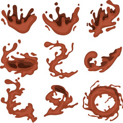 chocolate splash set cartoon. indulgence treat, gourmet rich, creamy decadent chocolate splash sign. isolated symbol vector illustration