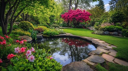 A beautiful pond with a stone pathway leading to it, surrounded by lush greenery and blooming flowers.