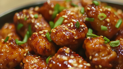 Honey chili chicken with a crispy coating, drizzled with a flavorful sauce, garnished with green onions, and sprinkled with sesame seeds