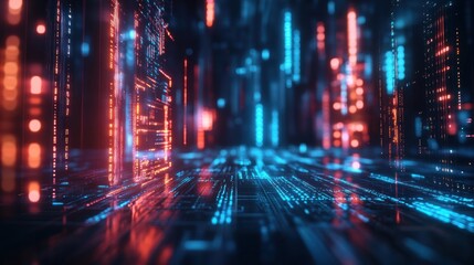 Fototapeta premium A futuristic digital landscape with glowing data streams in blue and red hues.