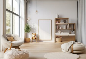 A minimalist nursery with a large window, a plush armchair, a teddy bear sitting on a stool, and a bookshelf.