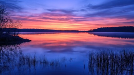Fototapeta premium A calm, reflective lake under the glowing colors of the setting sun, with a panoramic view of nature and serenity.