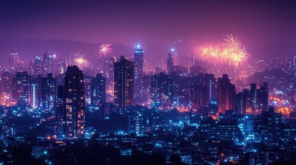 Obraz premium A city skyline lit up with fireworks and festive lights, capturing the vibrancy of Diwali night.