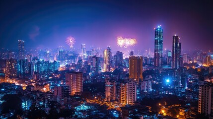 Obraz premium A city skyline lit up with fireworks and festive lights, capturing the vibrancy of Diwali night.