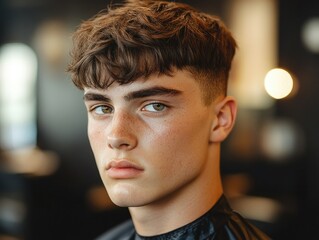 Close-up of a man with a French crop haircut, featuring short, tapered sides, textured top, and a straight fringe in a sleek barber shop setting with soft lighting and blurred background
