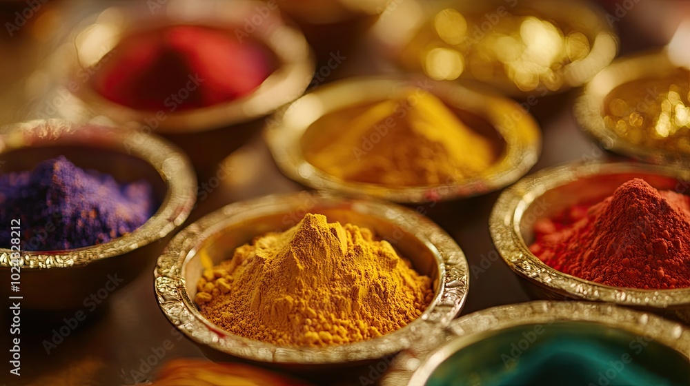 Poster a close-up of colorful rangoli powders in small bowls, ready to be used for creating intricate desig