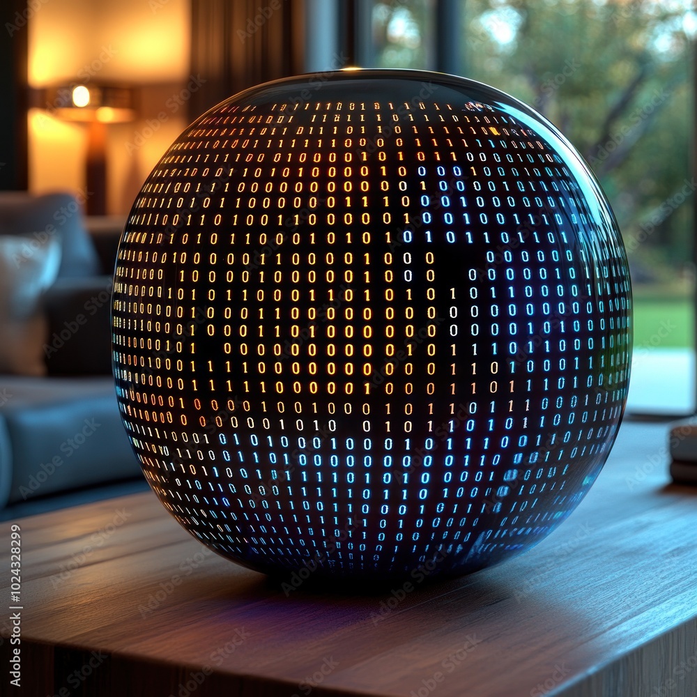 Aufkleber a glowing orb with binary code on a wooden table in a modern living room.