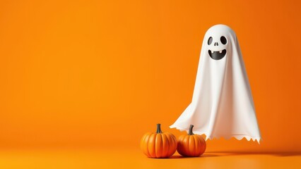 A cute ghost figure and two pumpkins on a bright orange background. A simple, minimalistic Halloween design perfect for seasonal promotions, posters, and event invitations