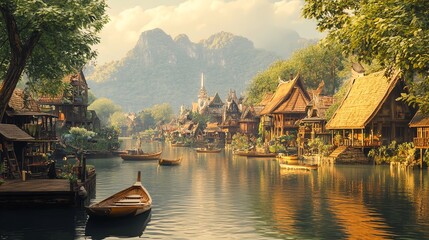 Naklejka premium A peaceful village nestled in a valley with a river running through it.