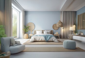 A light and airy bedroom with a large window and white curtains.  The bed is dressed in white linens and a blue throw. The room is decorated with wicker accents.