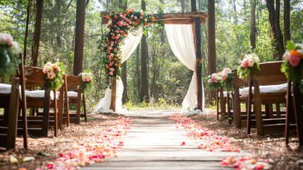 Obraz premium A whimsical forest wedding ceremony with a rustic floral archway draped in white fabric
