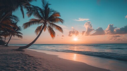 A serene beach scene with palm trees silhouetted against a vibrant sunset over the ocean.