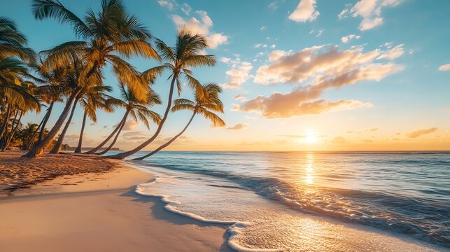 A breathtaking tropical sunset over a pristine white sand beach lined with swaying palm trees.