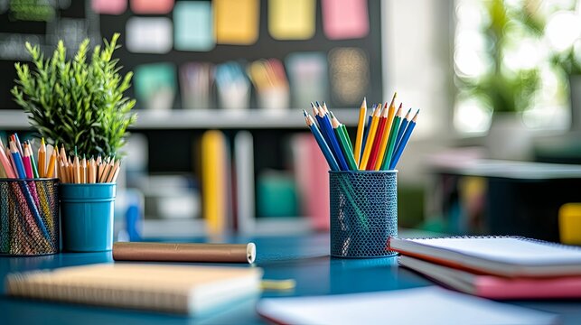 Colorful Pencils in a Blue Holder on a Desk with Notebooks