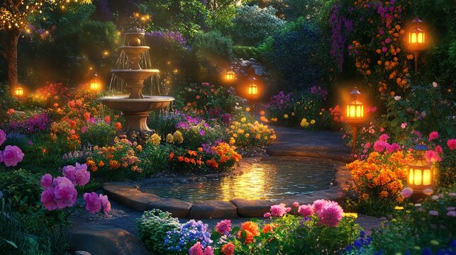 Fototapeta A magical garden with a stone fountain, a pond, blooming flowers, and twinkling lanterns.