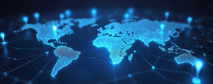 Abstract digital map with glowing location pins on a blue background, an AI and technology concept
