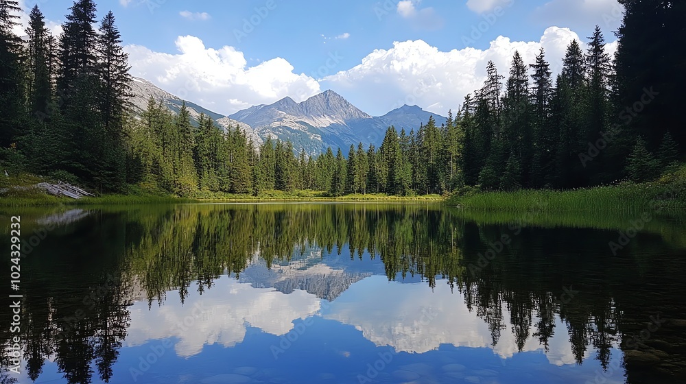 Poster a serene mountain lake with a perfect reflection of the surrounding trees and clouds.