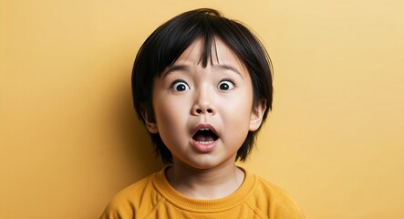 Child Asian boy with angular face and straight black hair surprised warm yellow background