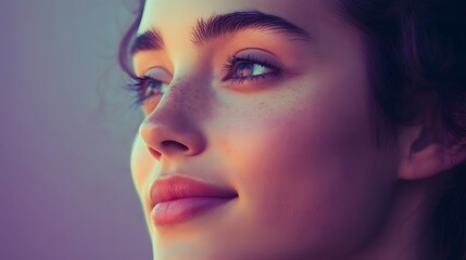 59. A woman with a contemplative smile, gazing softly into the distance, against a muted lavender background.