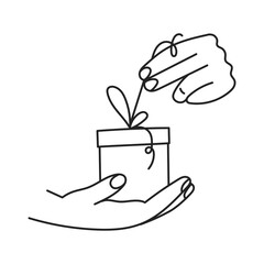 Line Hand Gesture Opening Gift Box. Christmas or Birthday present outline icon. Finger pose with packaging. Doodle Fingers pulling ribbon.