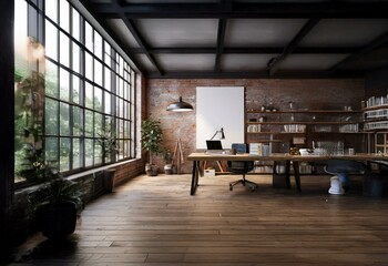 A loft office with a large window, a desk, two chairs, a bookshelf, and a plant.