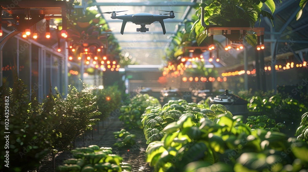 Poster Drones and sensors scan a high-tech farm, optimizing crop growth and agricultural practices through smart technology. Generative AI